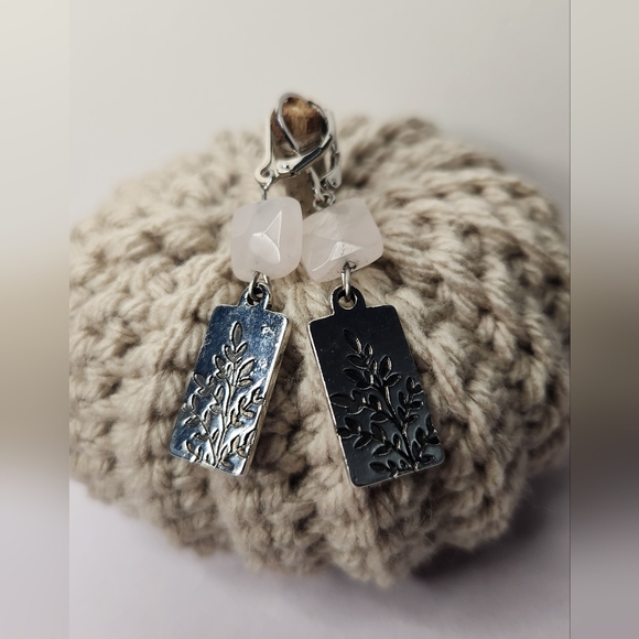 Dainty Sterling Silver Leaf Print Quartz Dangle Earrings - Picture 3 of 3